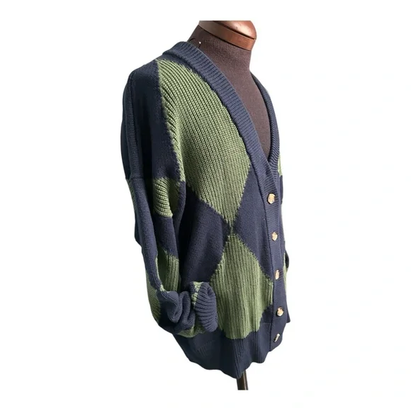 Pistola Men's L Green & Blue Chunky Argyle Cardigan Sweater Preppy Button Down